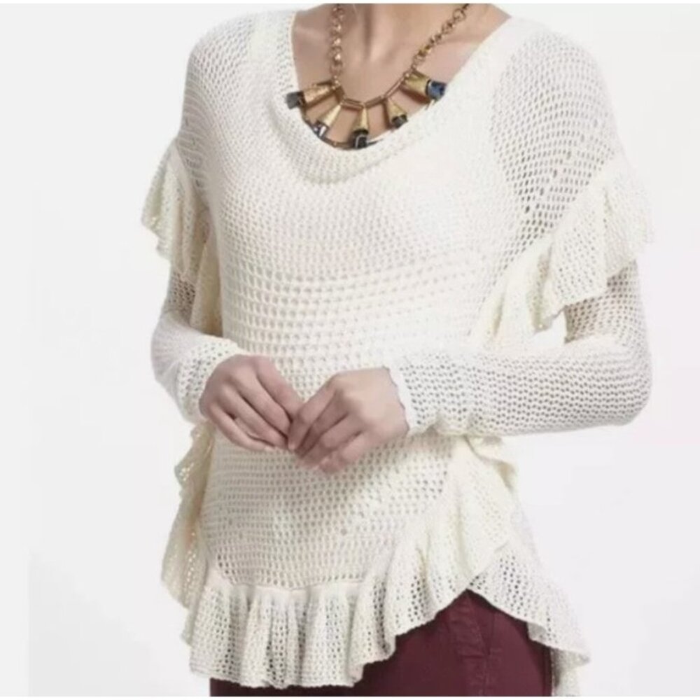 Angel of the North Ivory Loose Knit Sweater W/ Ruffle Trim, Size XS, NWT!